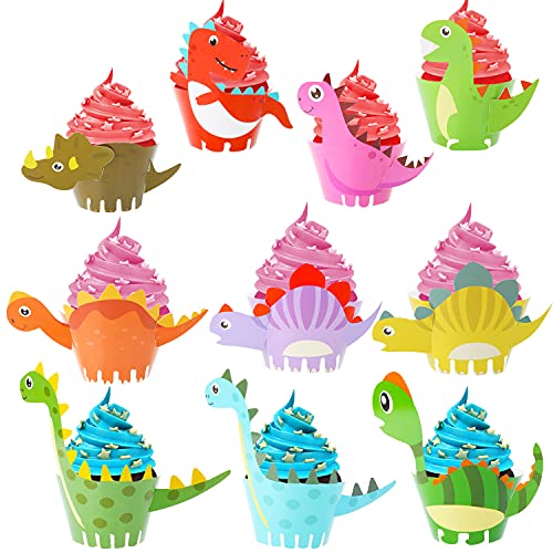  howaf dinosaur cupcake wrappers, 40 pack dino cupcake toppers wrappers, dinosaur cupcake cases, cupcake holders, dinosaur cupcake decoration party supplies for boys kids birthday party decor favors