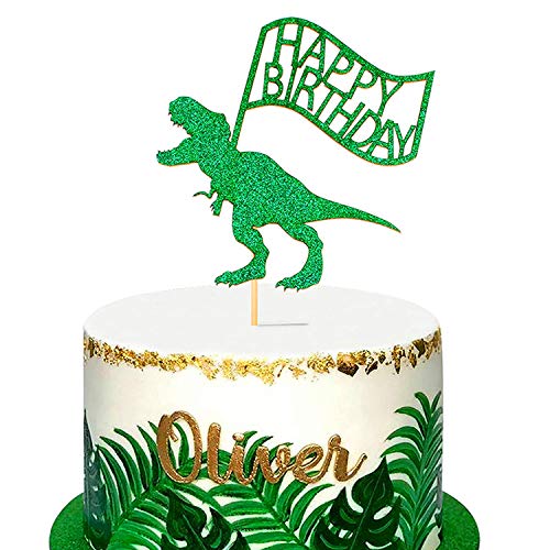 glittering green t-rex happy birthday cake topper 