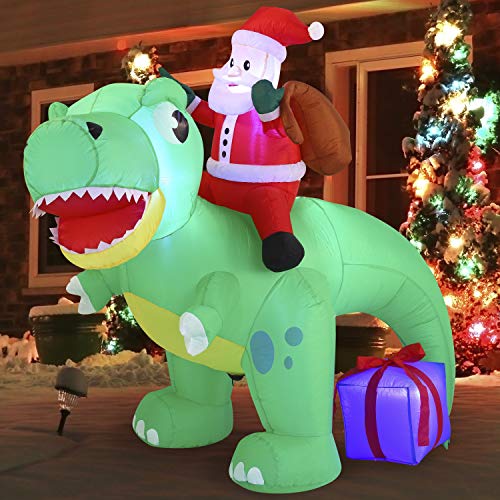 inflatable santa riding on dinosaur with build-in leds -  6ft long