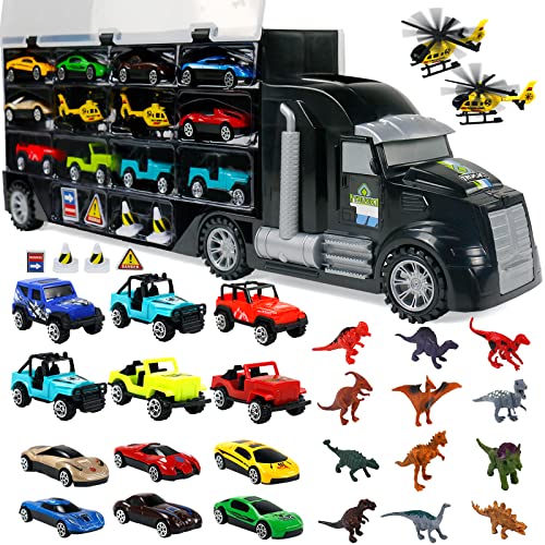 toy dinosaur transport truck with 2 helicopters, 12 cars & dino play mat