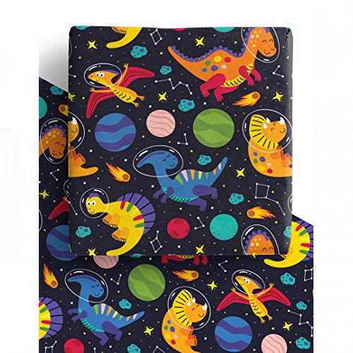 recycled space dinosaur wrapping paper