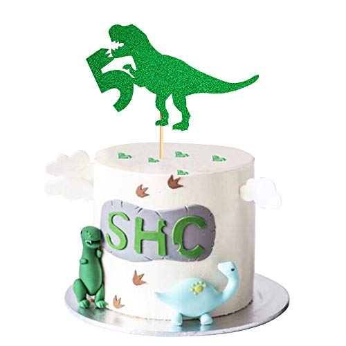  1 pack dinosaur five rex cake topper green glitter jurassic park t-rex 5 cake picks cake decoration for 5th boy birthday kids party supply decoration