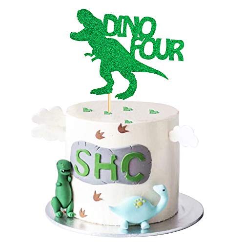  1 pack dinosaur four rex cake topper green glitter jurassic park t-rex 4 cake picks cake decoration for 4th boy birthday kids party supply decoration