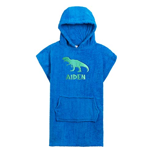 personalised hooded towel dinosaur poncho boys beach bath kids towelling changing robe hoodie ideal for the seaside, swimming, bathing and surfing by varsany (6-9 years, blue / green)