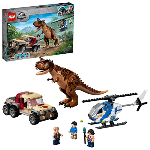 lego 76941 jurassic world carnotaurus dinosaur chase toy with helicopter & pickup truck for kids age 7