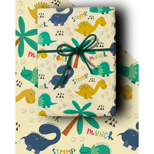 Dinosaur Birthday Wrapping Paper - 4 sheets - 84cm x 60cm with Free Birthday Card