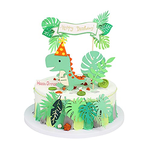  blumomon green dinosaur birthday cake toppers set green leaf happy birthday cake banner dinosaur theme birthday cake decorations for boy girl babyshower dinosaur theme birthday party decoration