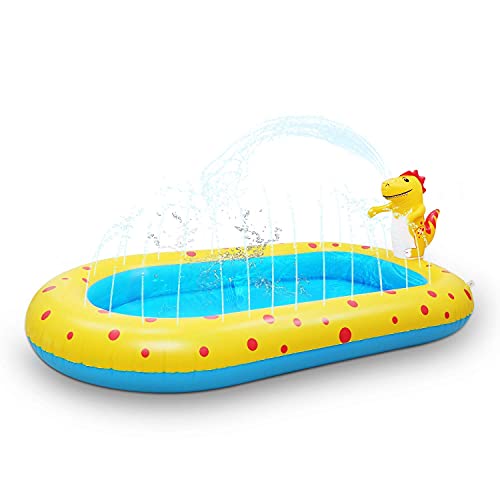 inflatable paddling pool with yellow dinosaur and squirting jets