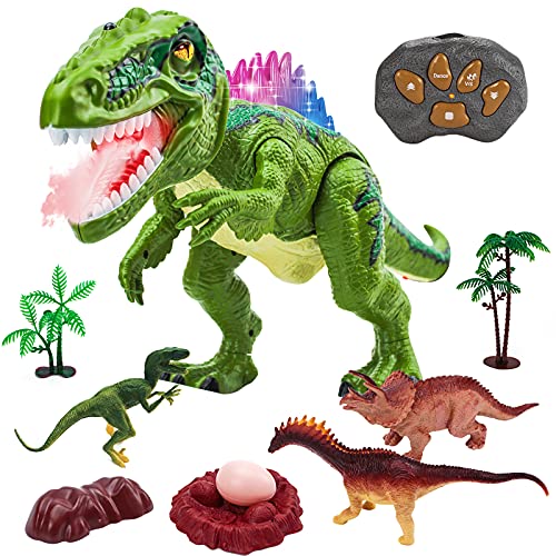 remote control dinosaur toy with walking spray mist, roaring sound & shaking head