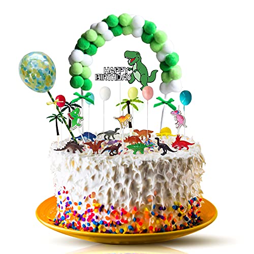  dinosaur cake toppers 29 pcs dinosaur cake decorations with 12 mini dinosaur figures dinosaur candles confeti balloon decoration balloons palm trees dino large sign happy birthday ballon arch kits