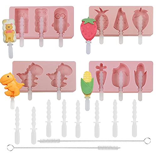  kaimeilai set of 4 silicone ice lolly moulds, ice lolly moulds, popsicle moulds set, diy ice pop maker, ice moulds silicone with lid, dinosaur strawberry corn popsicle moulds ice lolly mould