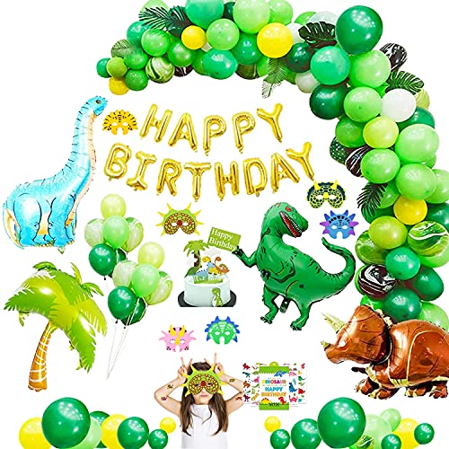 View the best prices for: huge!! 220 piece balloon set with free dino masks! dinosaur themed happy birthday party decorations set, dinosaur balloons with stickers, cake toppers, banner, garland!