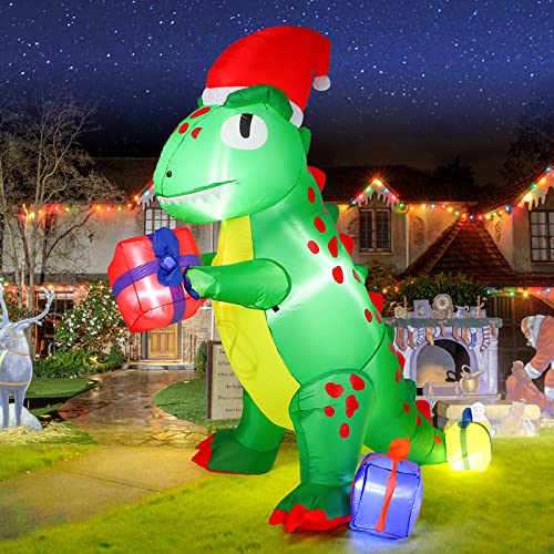 7 foot inflatable dinosaur with christmas hat and xmas present with build-in leds