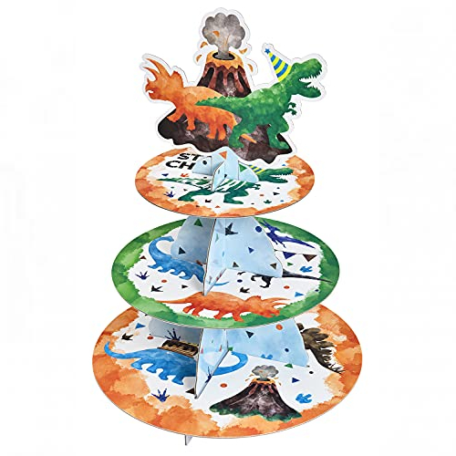 WERNNSAI Watercolor Dinosaur Cupcake Decorations - Dinosaur Birthday Party Supplies for Kids Boys 3-Tier Dino Theme Cardboard Cupcake Stand Holder Round Serving Tray Stand Dessert Tower