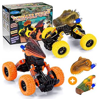 2 x pull back cars with 4 changeable dinosaur heads