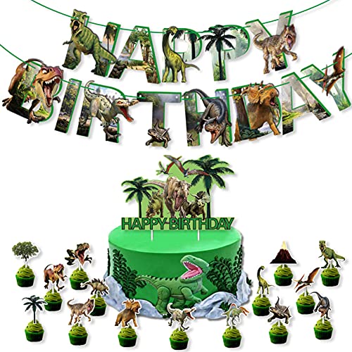  15pcs dinosaur cupcake toppers,1pcsdinosaur happy birthday banner,dino cake decorations for boy kids dinosaurtheme birthday party