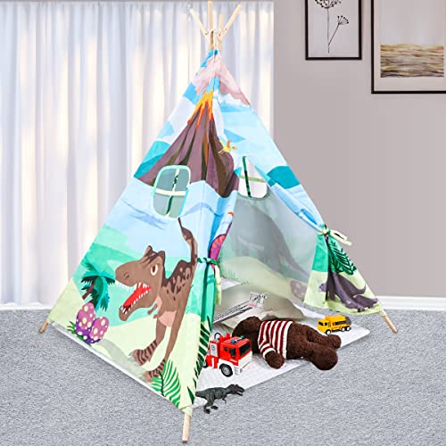  teepee tent for kids - dinosaur play tent with padded floor mat & storage bag, foldable children tipi playhouse toys for boys/girls indoor & outdoor games