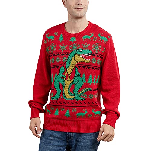 Vertvie Mens Christmas Jumper Reindeer Snowman Santa Printed Long Sleeve Round Neck Warm Family Sweater Funny Sweatshirts Pullover Top(Dinosaur,L) Red
