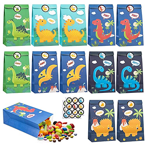 12 Piece Dino Paper Party Bags With 18 Dinosaur Stickers