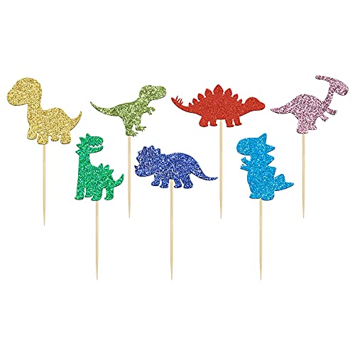  gyufise 28 pack gliter dinosaur cupcake toppers green gold red blue glitter dinosaur cupcake picks cake decoration for baby shower dino theme boy girl birthday event party supply