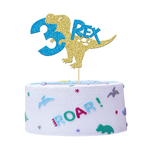  gyufise 1 pack three rex dinosaur cake topper with blue tie dinosaur 3rd birthday cake topper t-rex happy birthday cake decor for boys girls 3 birthday party supply decorations