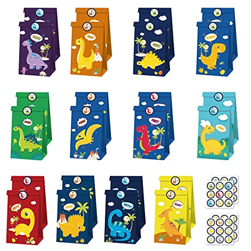 24 x paper party bags with dinosaur pattern and colour stickers
