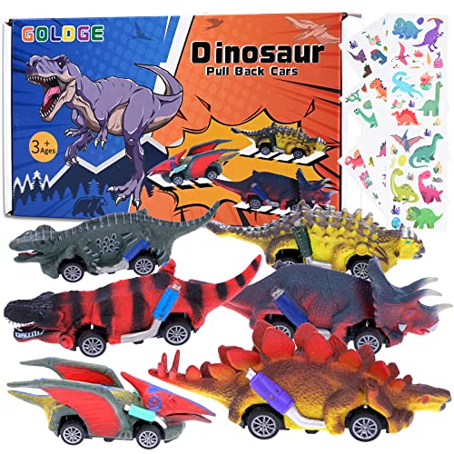6 x pull back toy dinosaur cars with stickers
