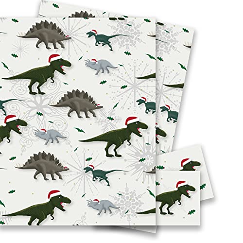  christmas dinosaurs wrapping paper - 2 sheets of gift wrap and tags - size 70x50cm - by jonathan glick designs - dinosaurs in santa hats