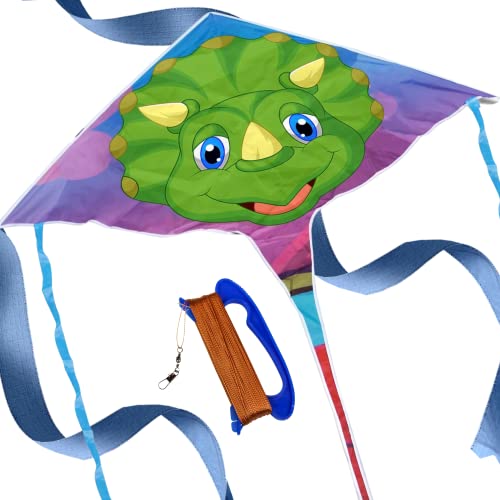  giddykat triceratops dinosaur kites for kids ages 4-8 | toddler kite easy to fly w/ handle | large kids kite w/300 ft string | beach kite | best delta kite for toddlers| dinosaur kite nylon