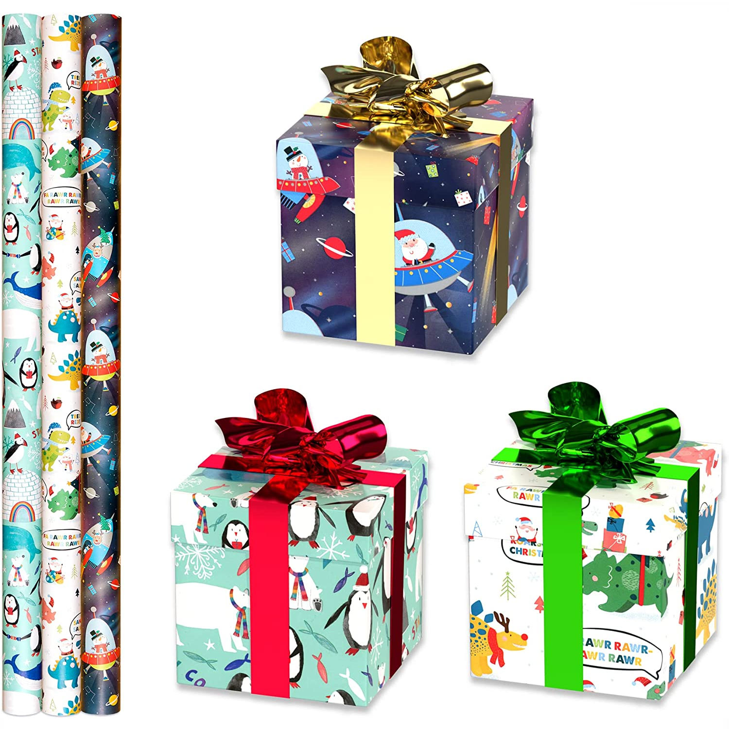 3 x 5m rolls of cute christmas dinosaurs and space wrapping paper