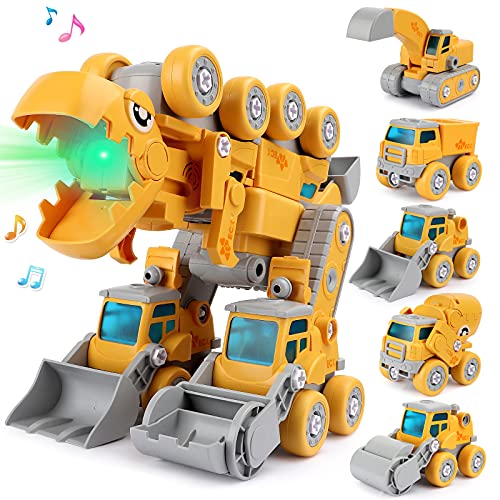 Veluoess 5 in 1 Construction Trucks Toy, Take Apart Dinosaur Toy Set Engineering Vehicles Toy with Mixer Truck, Bulldozer, Dump Truck, Excavator, Road Roller Assembly Dinosaur Toy for Kids 3+