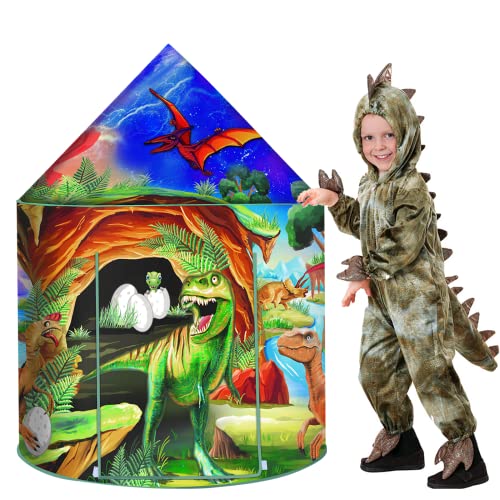  dinosaur play tent for kids boys girls, outdoor indoor foldable pop up wendy playhouse with portable bag and dinosaur stickers toy party birthday gifts bed tunnel game for children toddle teepee baby