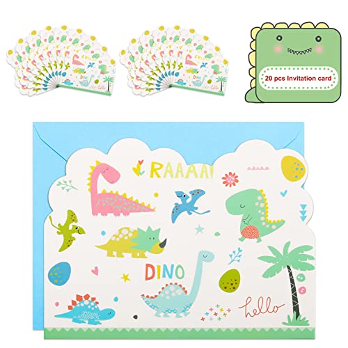 dino birthday party invitations with blue envelopes - 20 pack