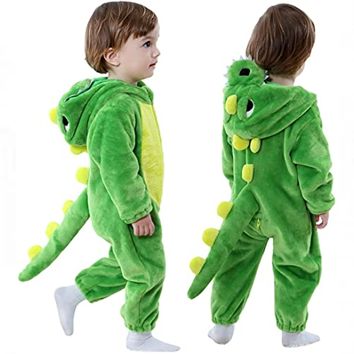 baby hooded dinosaur onesie romper, toddlers dragon dino fancy dress jumpsuit (green, 12-15 months)