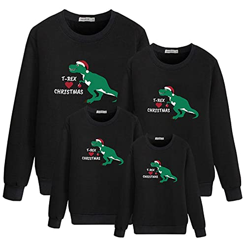 Merry Christmas Matching Family Sweaters Christmas Dinosaur Print Letter Long Sleeve Pullover Jumper Top Ugly Shirt for Family (Black Kids, 6-7 Years)