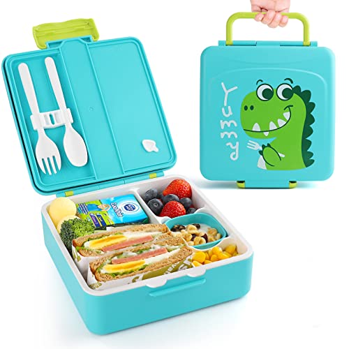 dinosaur bento lunch box for kids with sauce jar, spoon & fork