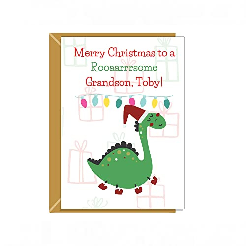 personalised grandson dinosaur christmas card - xmas