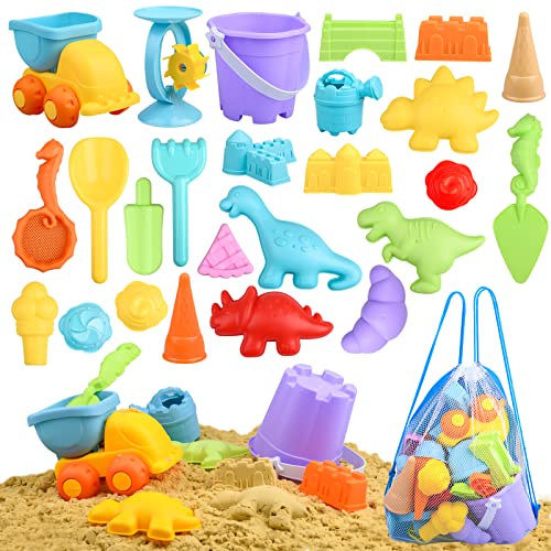  auney beach toys set for kids, 25 pcs sand toys with castle molds truck sand water wheel beach bucket beach shovel tool kit sandbox toys for boys girls