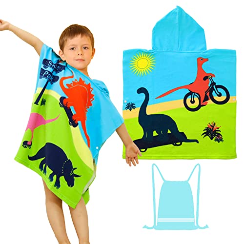 filowa hooded towel poncho for kids beach towel dinosaur bath towel swimming pool surfing towels microfibre soft absorbent wearable bathrobe with drawstring bag for childs boys 2-6 years