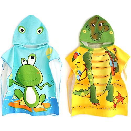 lumsinker cartoon kids hooded beach bath towel swim towel colorful childrens cover-ups cape poncho girls boys (2pcs crocodile frog)
