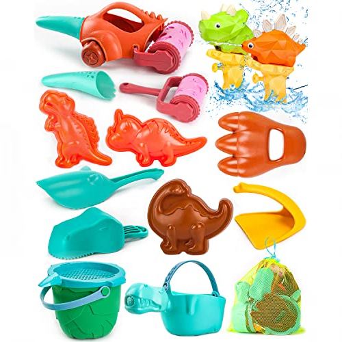  sand toys for toddlers kids, beach toy set with dinosaur bucket and spade, molds, mesh bag sandpit games for boys girls
